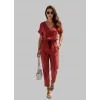 Moli Kırmızı Patuk Keten Pantolon İkili Takım
