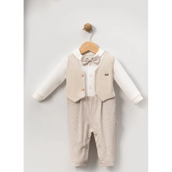 PAPYONLU WAFFLE KUMAŞ YELEKLİ ERKEK BEBE TULUM