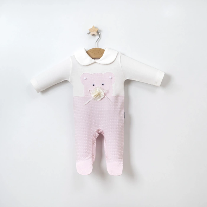 Puantiyeli Gül Ayıcık Aksesuarlı Bebe Yakalı Kız Tulum