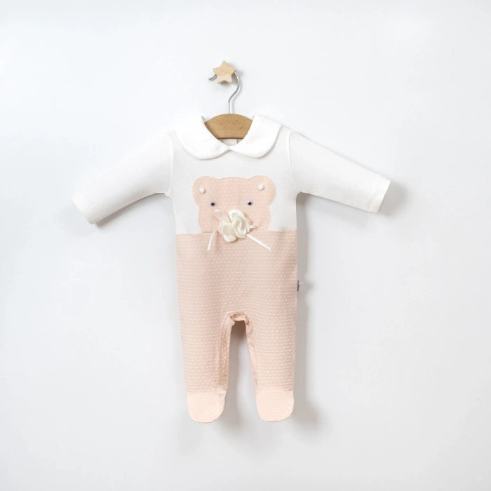 Puantiyeli Gül Ayıcık Aksesuarlı Bebe Yakalı Kız Tulum