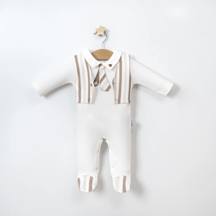 Çizgili Kravat Nakışlı Gömlek Yaka Bebe Erkek Tulum
