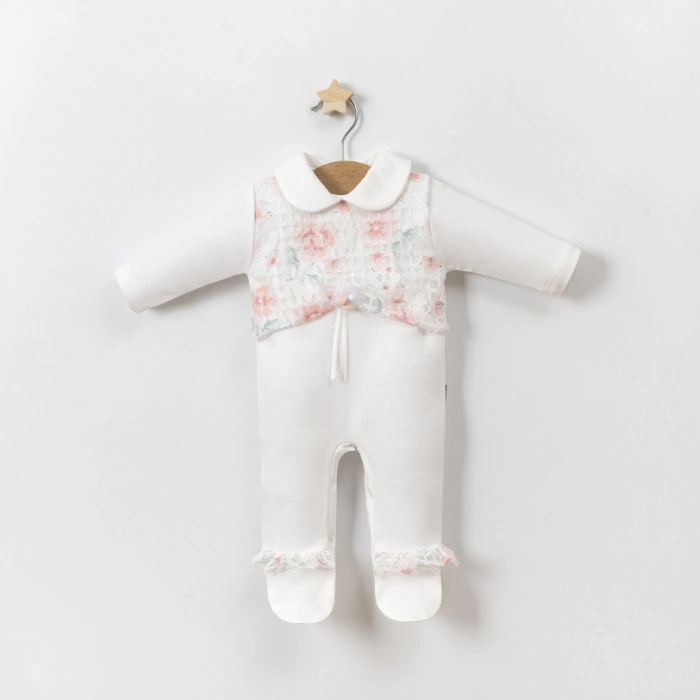 Baskılı Gül detaylı Dantelli Kız Bebe Tulum