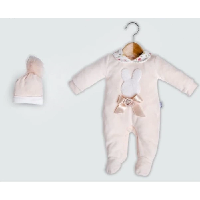Süzine Tavşan Nakışlı Şapkalı kadife bebe kız Tulum