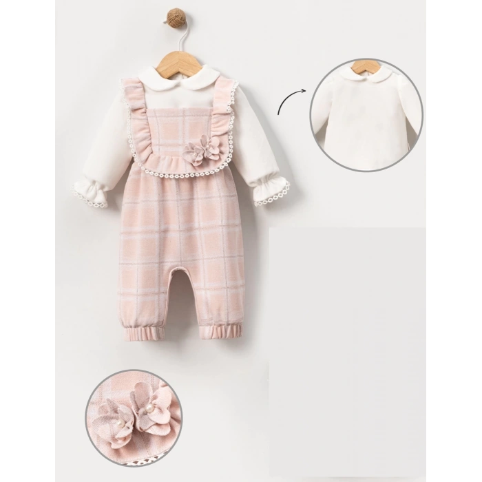 EKOSE SALOPET ÇİÇEK AKSESUARLI BADİLİ BEBE KIZ TULUM