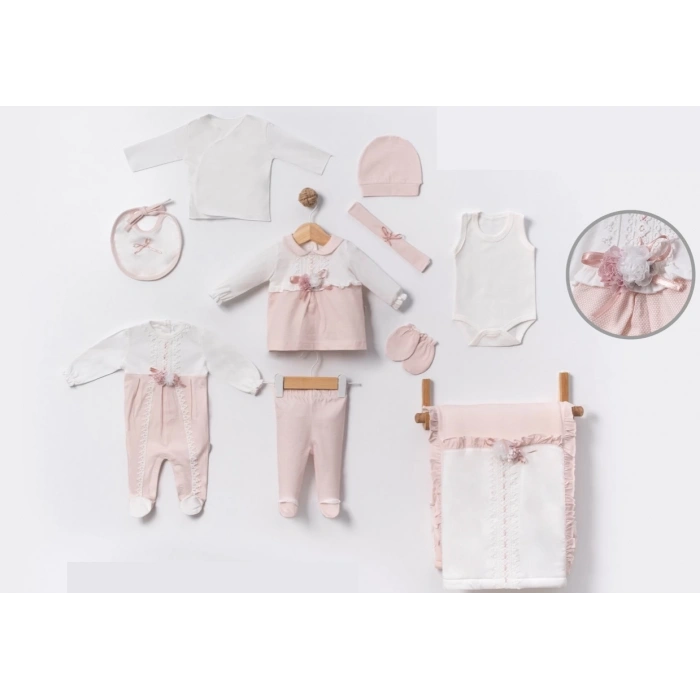 ÇİÇEK AKSESUARLI DANTELLİ KUTUSUZ HASTANE ÇIKIŞI BEBE 10 LU SET