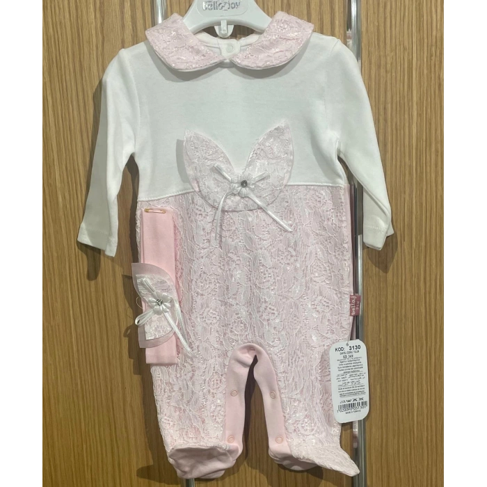 DANTEL ÇİÇEKLİ BANDANALI BEBE KIZ TULUM