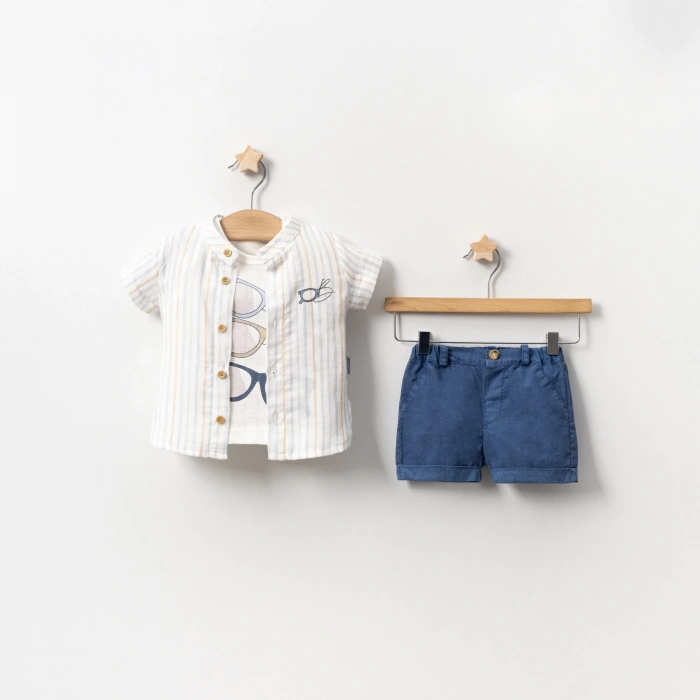 YAZLIK GÖZLÜK BASKILI GÖMLEKLİ BEBE ERKEK 3LÜ TAKIM