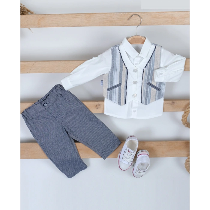 YAZLIK ÇİZGİLİ YELEKLİ BEBE ERKEK 3LÜ TAKIM