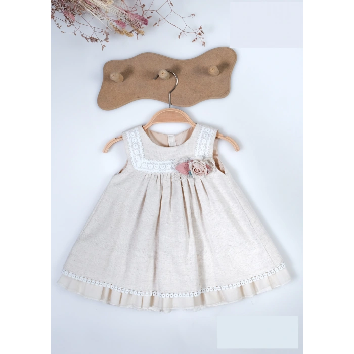 YAZLIK ÇİÇEK AKSESUARLI SIFIR KOL KIZ BEBE ELBİSE