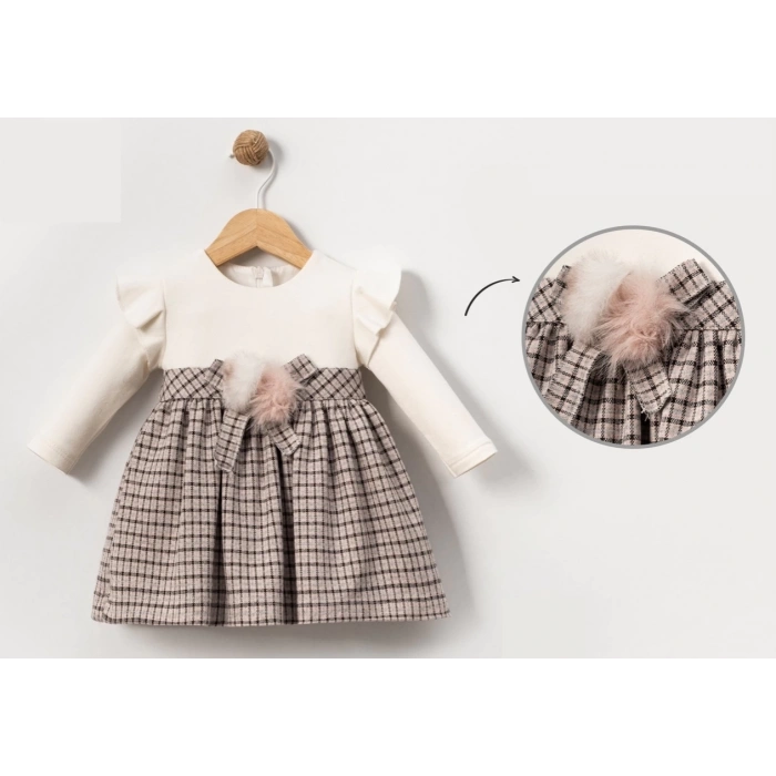 MİNİ EKOSELİ PONPONLU KIZ ELBİSE