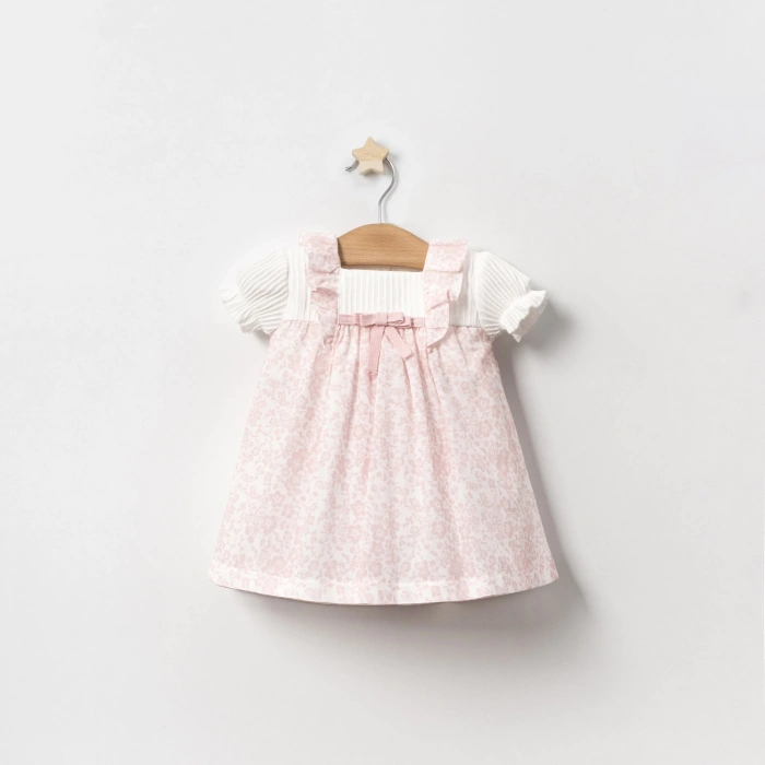 YAZLIK KOLU LASTİKLİ ÇİÇEK BASKILI BEBE KIZ ELBİSE