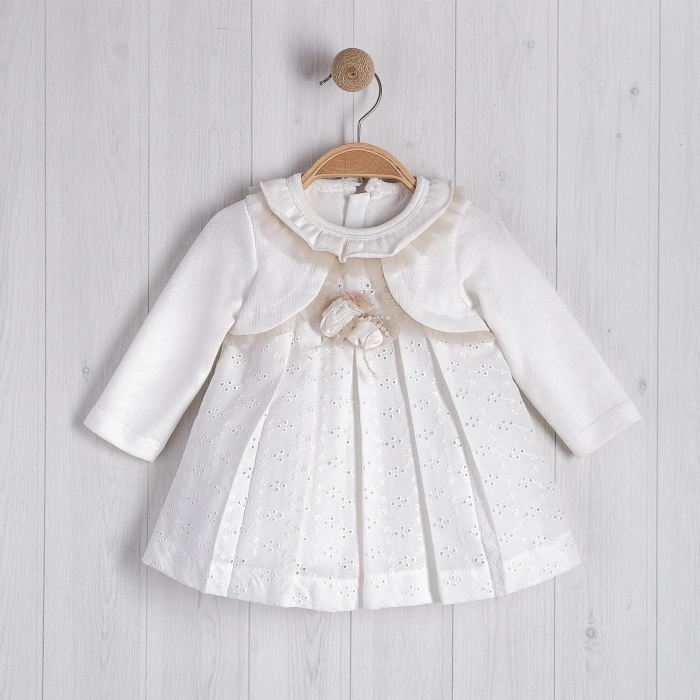 BOLEROLU ÇİÇEK AKSESUARLI FIRFIRLI BEBE KIZ ELBİSE