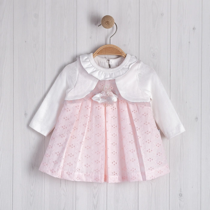 BOLEROLU ÇİÇEK AKSESUARLI FIRFIRLI BEBE KIZ ELBİSE