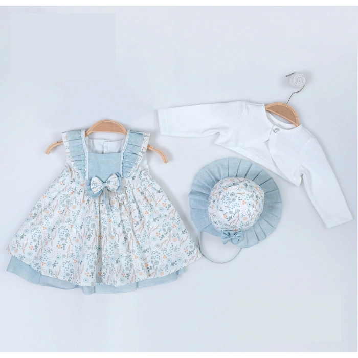 BOLEROLU SIFIR KOLLU ŞAPKALI ROBASI ŞERİT DANTELLİ BEBE KIZ ELBİSE