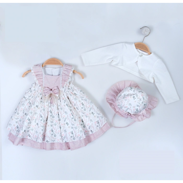 BOLEROLU SIFIR KOLLU ŞAPKALI ROBASI ŞERİT DANTELLİ BEBE KIZ ELBİSE