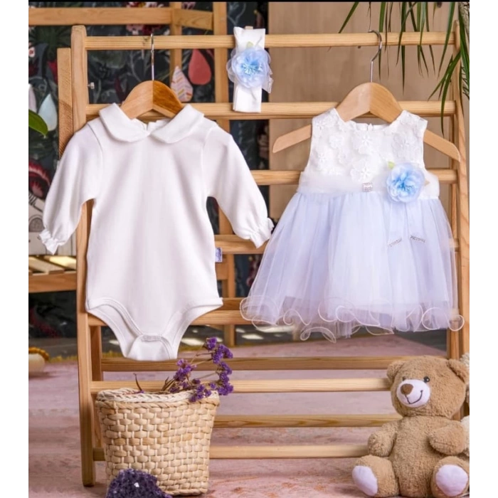 TÜL KEMERLİ TAŞLI ÇİÇEK AKSESUARLI BADİLİ BANDANALI BEBE KIZ MEVLÜTLÜK ELBİSE