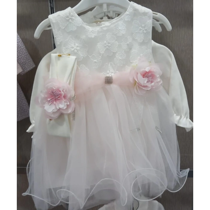 TÜL KEMERLİ TAŞLI ÇİÇEK AKSESUARLI BADİLİ BANDANALI BEBE KIZ MEVLÜTLÜK ELBİSE