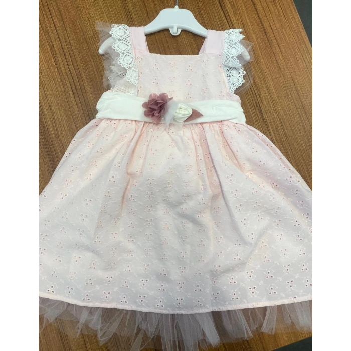 YAZLIK KETEN KEMERLİ ÇİÇEK AKSESUARLI BEBE KIZ ELBİSE