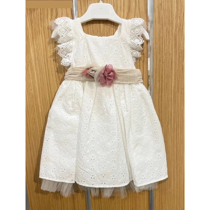 YAZLIK KETEN KEMERLİ ÇİÇEK AKSESUARLI BEBE KIZ ELBİSE