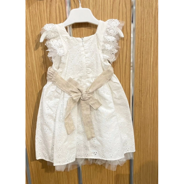 YAZLIK KETEN KEMERLİ ÇİÇEK AKSESUARLI BEBE KIZ ELBİSE