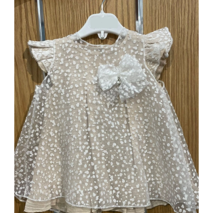 YAZLIK MÜSLİN NOKTA DESENLİ TÜLLÜ TAŞLI DAMLA AKSESUARLI BEBE KIZ ELBİSE