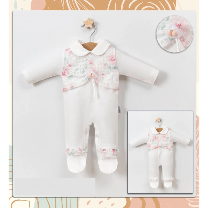 Baskılı Gül detaylı Dantelli Kız Bebe Tulum