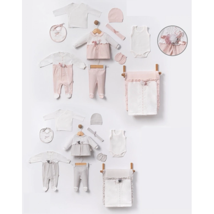 ÇİÇEK AKSESUARLI DANTELLİ KUTUSUZ HASTANE ÇIKIŞI BEBE 10 LU SET