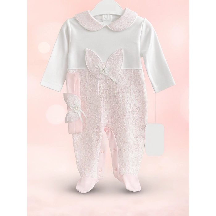 DANTEL ÇİÇEKLİ BANDANALI BEBE KIZ TULUM