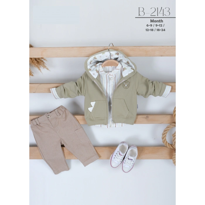 Dino Nakışlı Hırkalı Erkek Bebek 3lü Takım