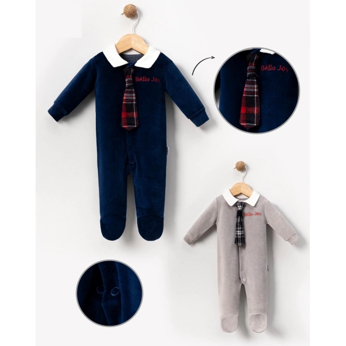 EKOSE KRAVATLI KADİFE BEBE ERKEK TULUM