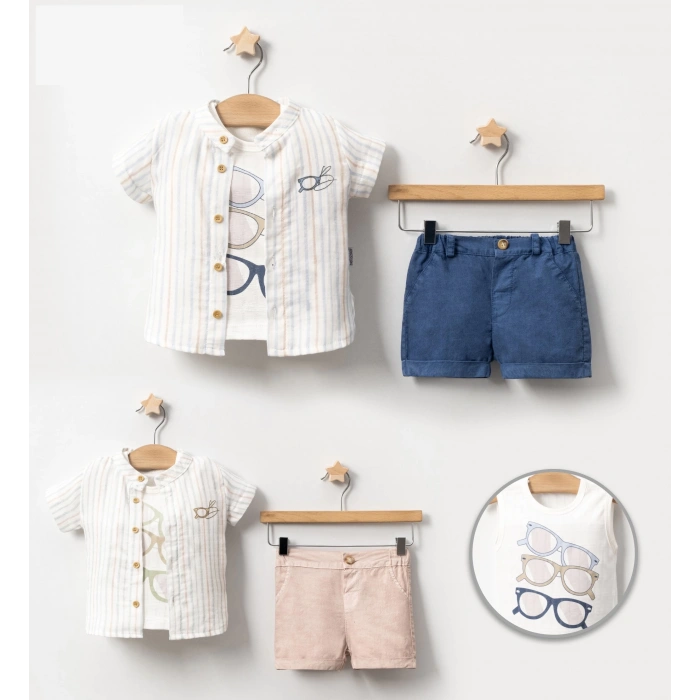 YAZLIK GÖZLÜK BASKILI GÖMLEKLİ BEBE ERKEK 3LÜ TAKIM