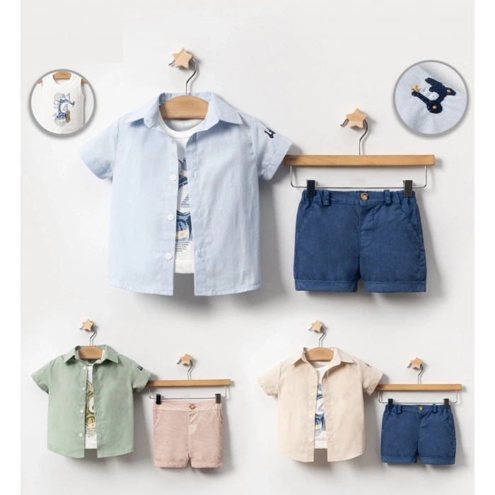 YAZLIK MOTOR BASKILI GÖMLEKLİ BEBE ERKEK 3LÜ TAKIM