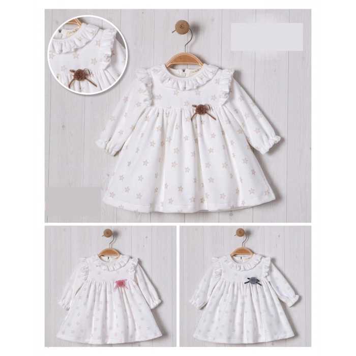 PONPON AKSESUARLI KADİFE KIZ BEBE ELBİSE