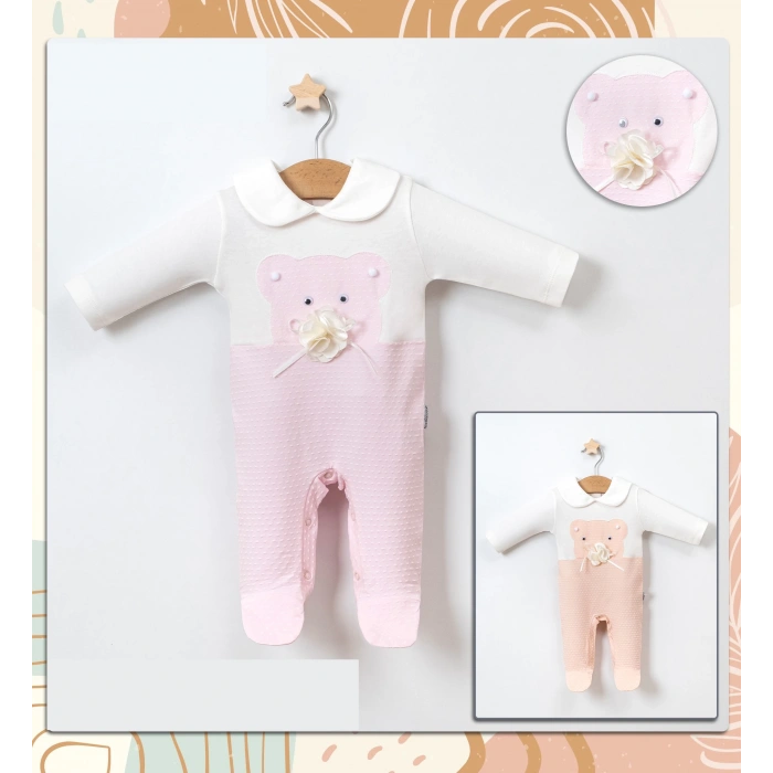 Puantiyeli Gül Ayıcık Aksesuarlı Bebe Yakalı Kız Tulum