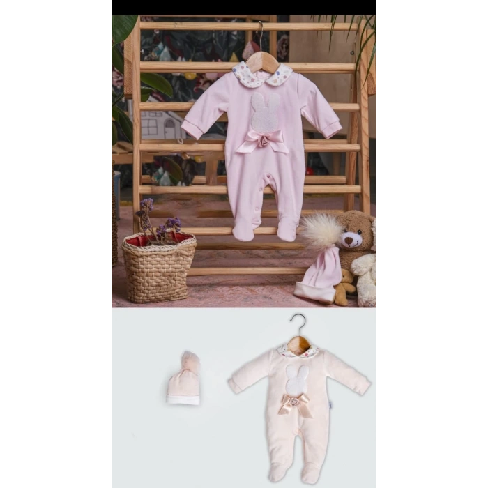 Süzine Tavşan Nakışlı Şapkalı kadife bebe kız Tulum