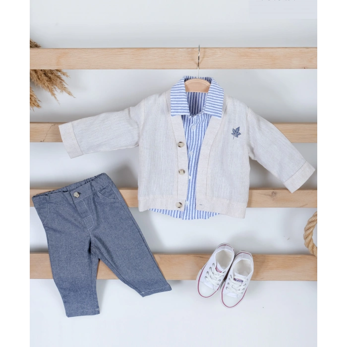 YAPRAK NAKIŞLI KETEN CEKETLİ BEBE ERKEK 3LÜ TAKIM