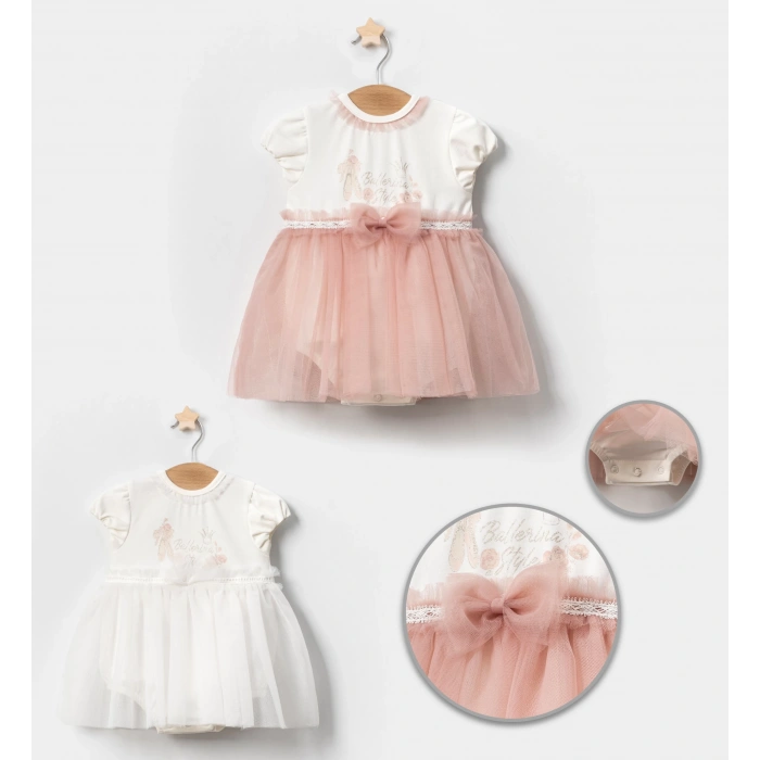 YAZLIK BALERİN BASKILI TÜLLÜ BEBE KIZ ELBİSE
