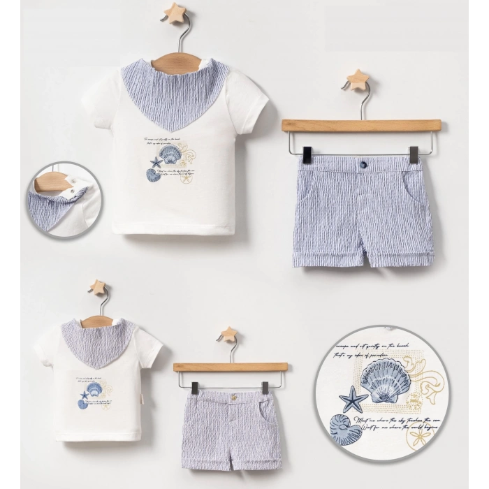 YAZLIK ÇİZGİ FULARLI DENİZ YILDIZ BASKILI 2Lİ BEBE ERKEK TAKIM