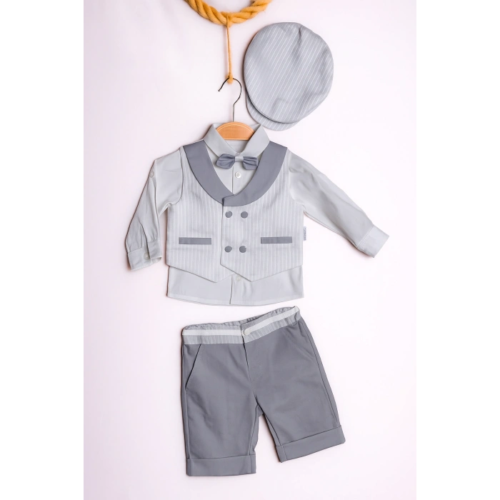 YAZLIK YELEKLİ PAPYONLU ŞAPKALI 3LÜ BEBE ERKEK TAKIM