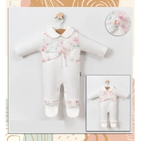 Baskılı Gül detaylı Dantelli Kız Bebe Tulum