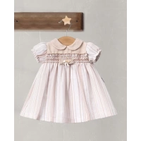 ÇİZGİLİ KUMAŞ BEBE YAKA FİYONKLU KISA KOLLU ELBİSE