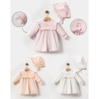 ŞAPKALI KADİFE DÜĞME DETAYLI BEBE KIZ ELBİSE