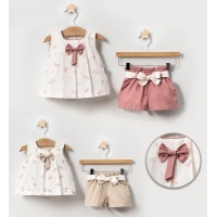 YAZLIK AT BASKILI FİYONKLU KEMERLİ BEBE 2Lİ KIZ TAKIM