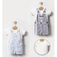 YAZLIK ÇİZGİLİ SALOPET CEPLİ BEBE ERKEK 2 PARÇA TULUM