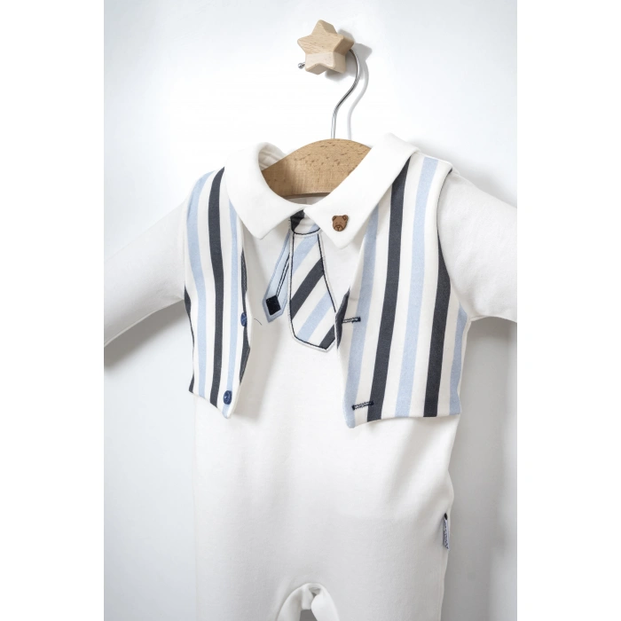 Çizgili Kravat Nakışlı Gömlek Yaka Bebe Erkek Tulum