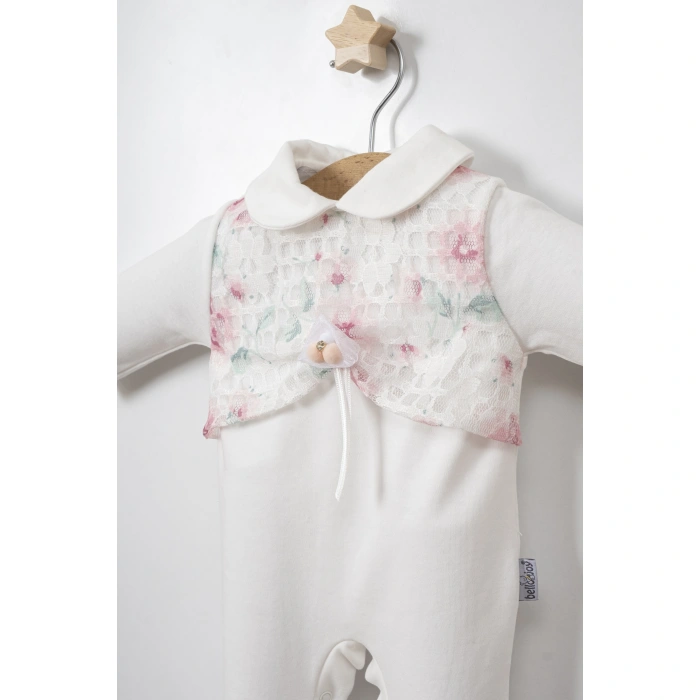 Baskılı Gül detaylı Dantelli Kız Bebe Tulum