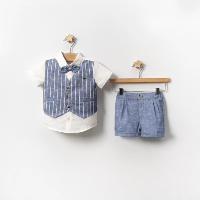 YAZLIK ÇİZGİ YELEKLİ METAL ARMALI BEBE ERKEK 2Lİ TAKIM