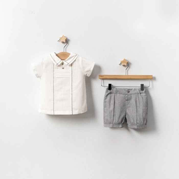 YAZLIK YAKASI SÜS DİKİŞLİ BEBE 2Lİ ERKEK TAKIM