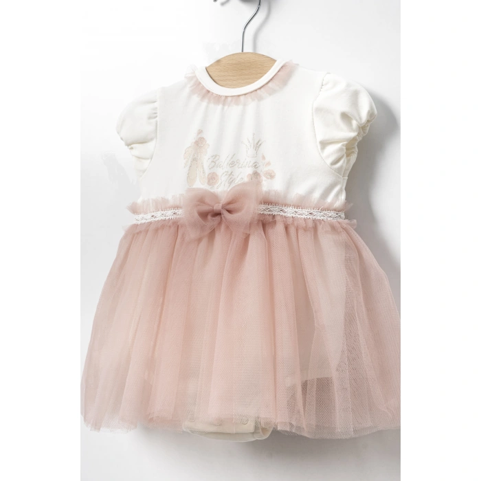 YAZLIK BALERİN BASKILI TÜLLÜ BEBE KIZ ELBİSE