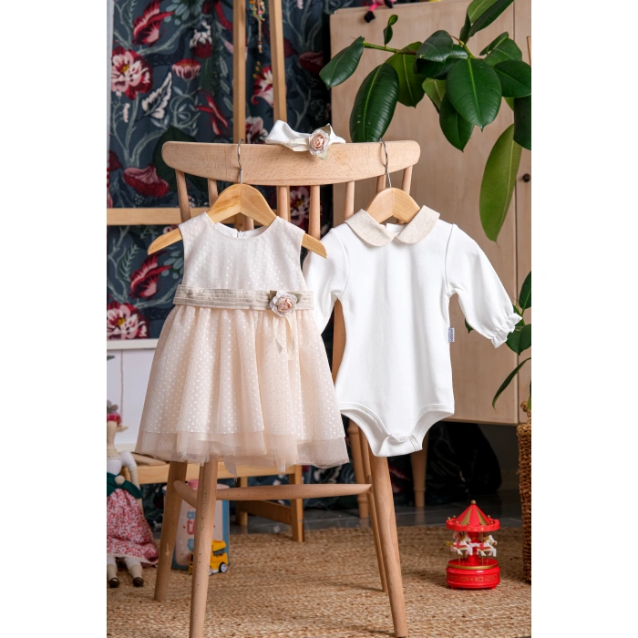 SİMLİ TÜLLÜ ÇİÇEK AKSESUARLI BEBE KIZ MEVLÜTLÜK BADİLİ BANDANALI ELBİSE